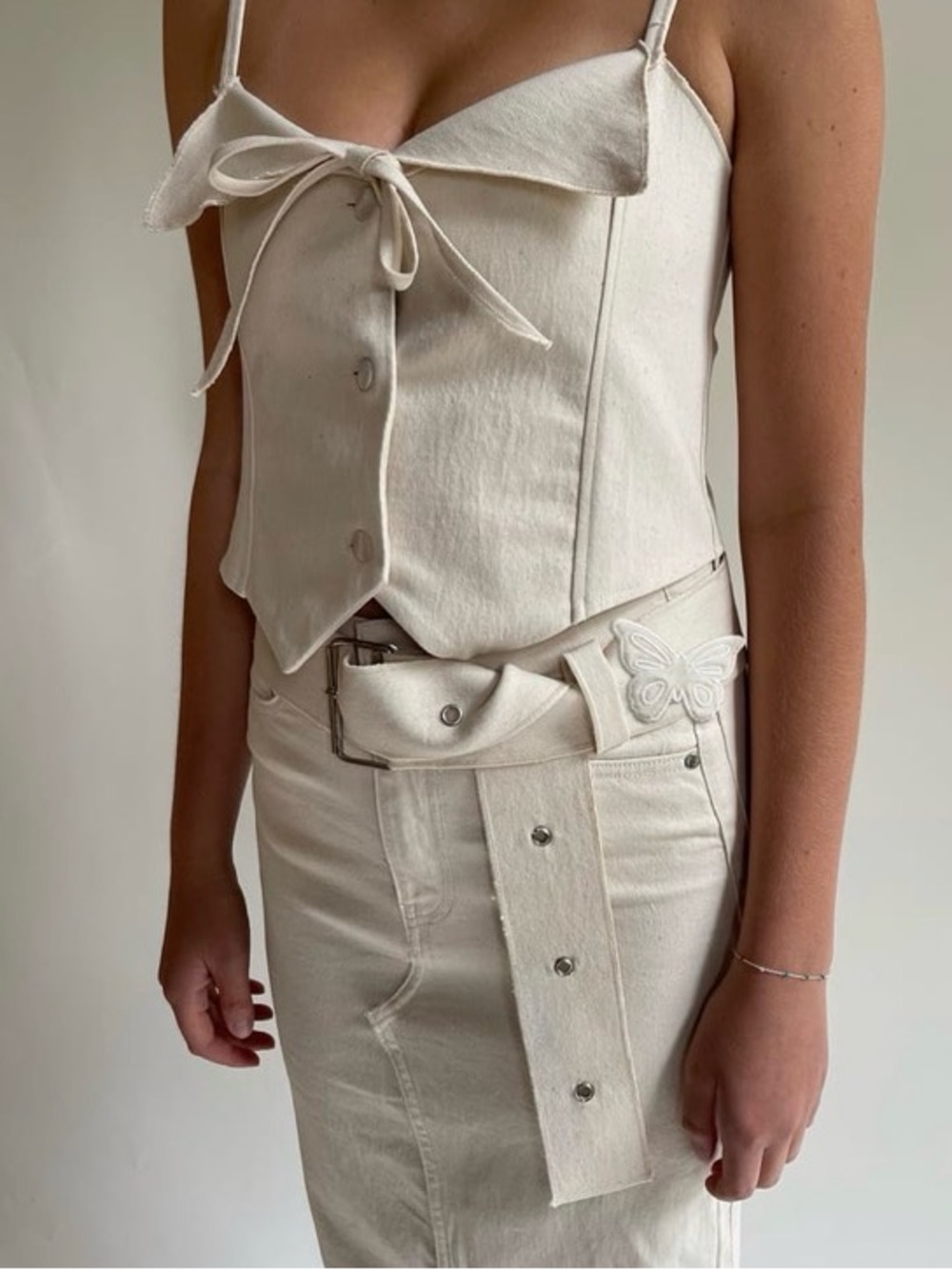•DJERF AVENUE• Remake Denim Skirt Maxi and Vest Corset Top in Cream (Set)